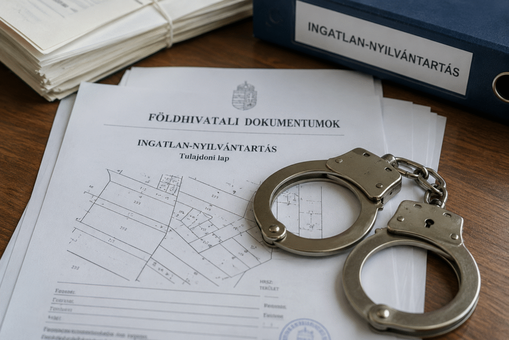 Földhivatali dokumentumok és rendőrségi bilincs az ingatlan-nyilvántartási ügy illusztrációjaként.