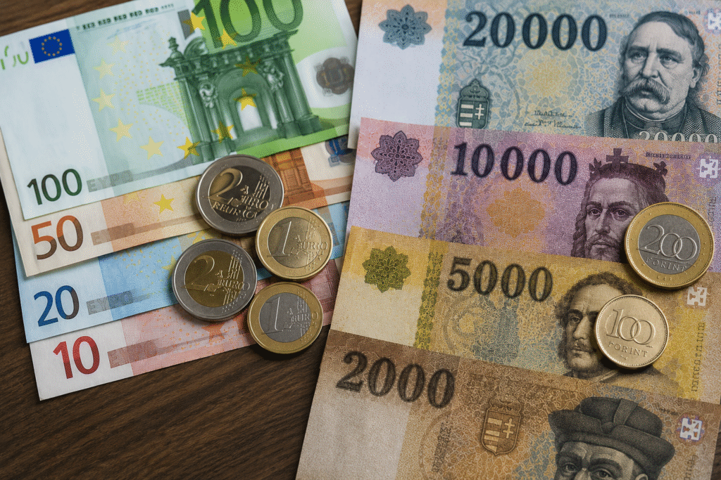 Euró bankjegyek és forint árfolyam alakulása