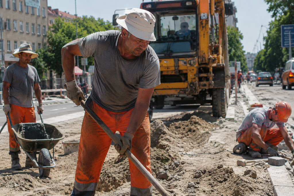 Építőipari dolgozók dolgoznak a tűző napon a rendkívüli hőség idején, miközben a munkavédelmi szabályok betartása kiemelten fontos.