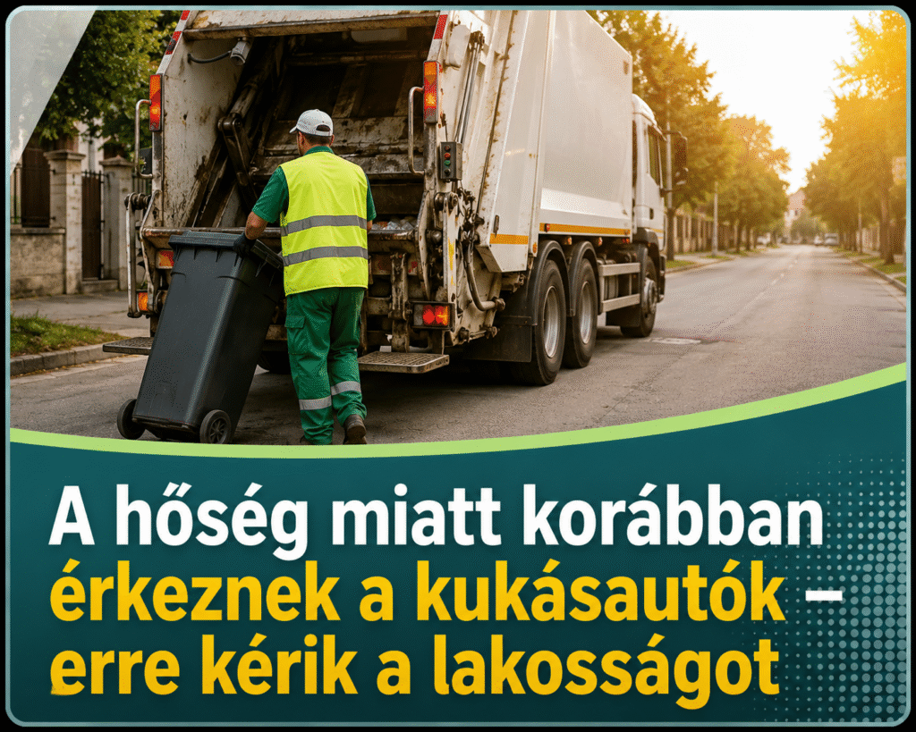 Hulladékszállító autó kora reggel, amely a hőség miatt korábban kezdődő szemétszállítást jelképezi.