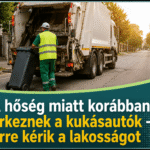 Hulladékszállító autó kora reggel, amely a hőség miatt korábban kezdődő szemétszállítást jelképezi.