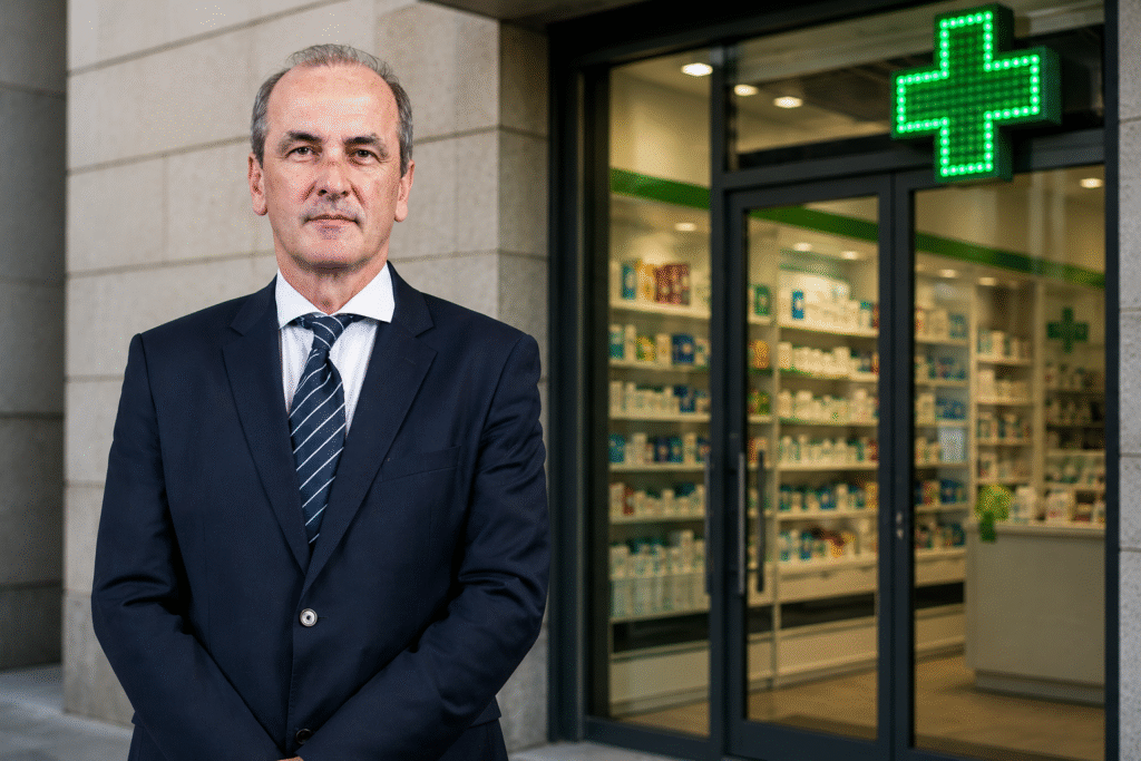 Hegedűs Zsolt egészségügyi miniszter egy gyógyszertár bejárata előtt, a patikákat érintő változásokkal kapcsolatban.