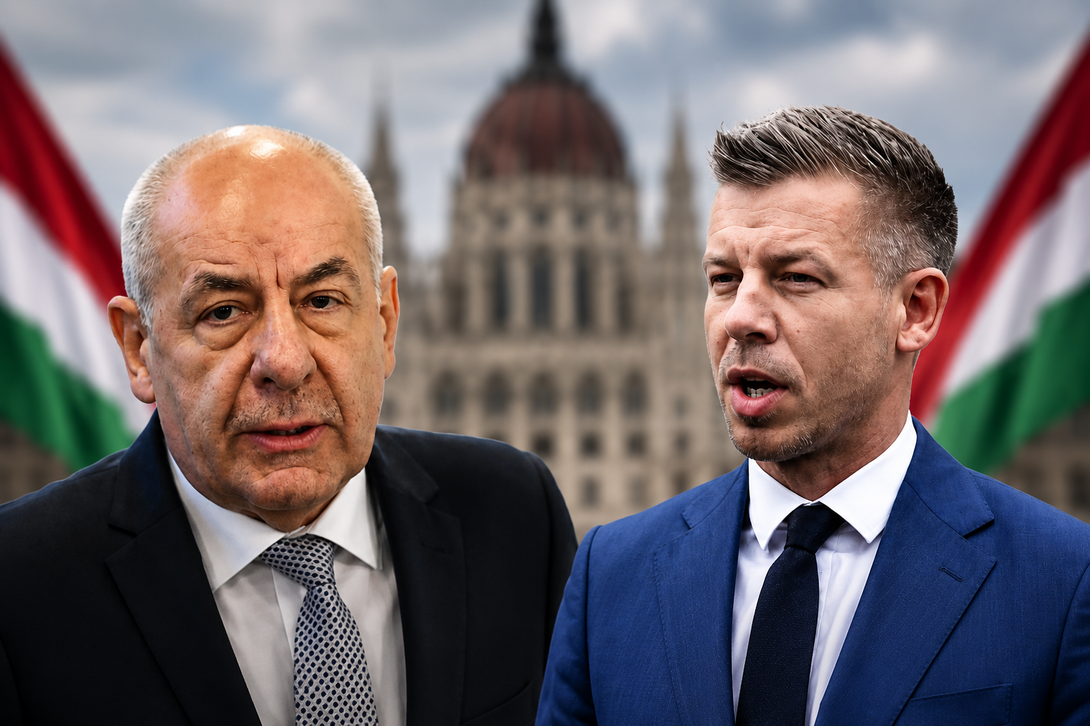 Magyar Péter és Sulyok Tamás egy közéleti eseményen, az Alaptörvény módosításáról és a Parlament elé szervezett demonstrációról szóló cikk illusztrációjaként.
