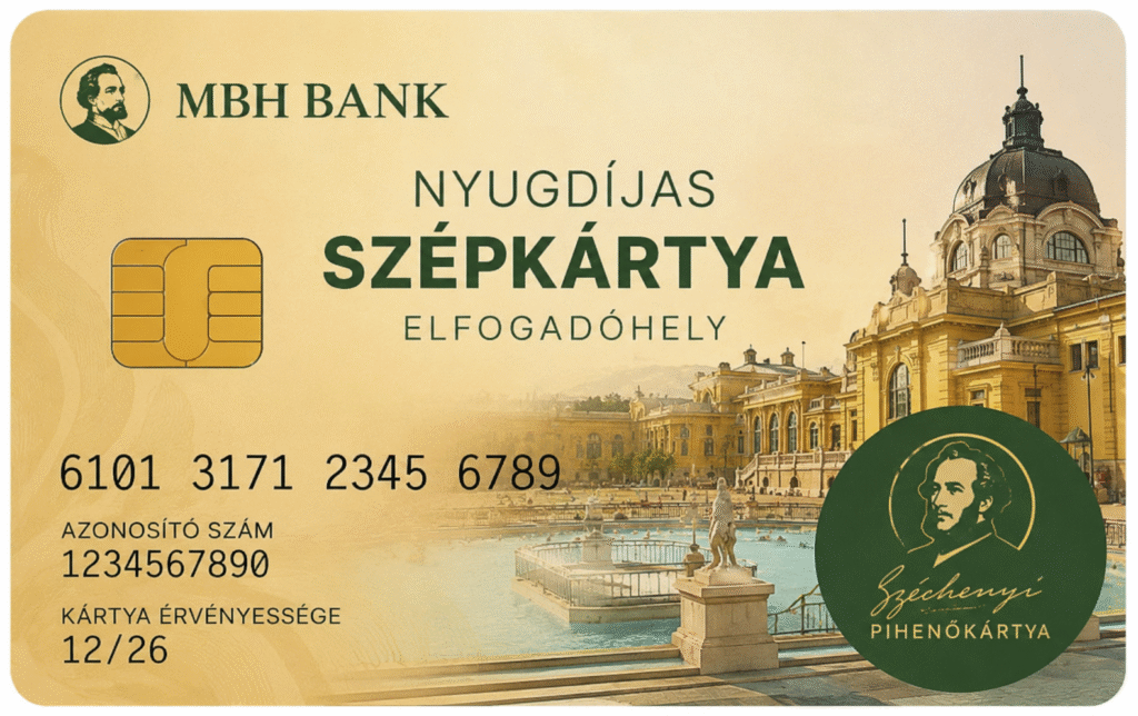 Nyugdíjas SZÉP-kártyát és forintbankjegyeket ábrázoló illusztráció az új támogatási program kapcsán.