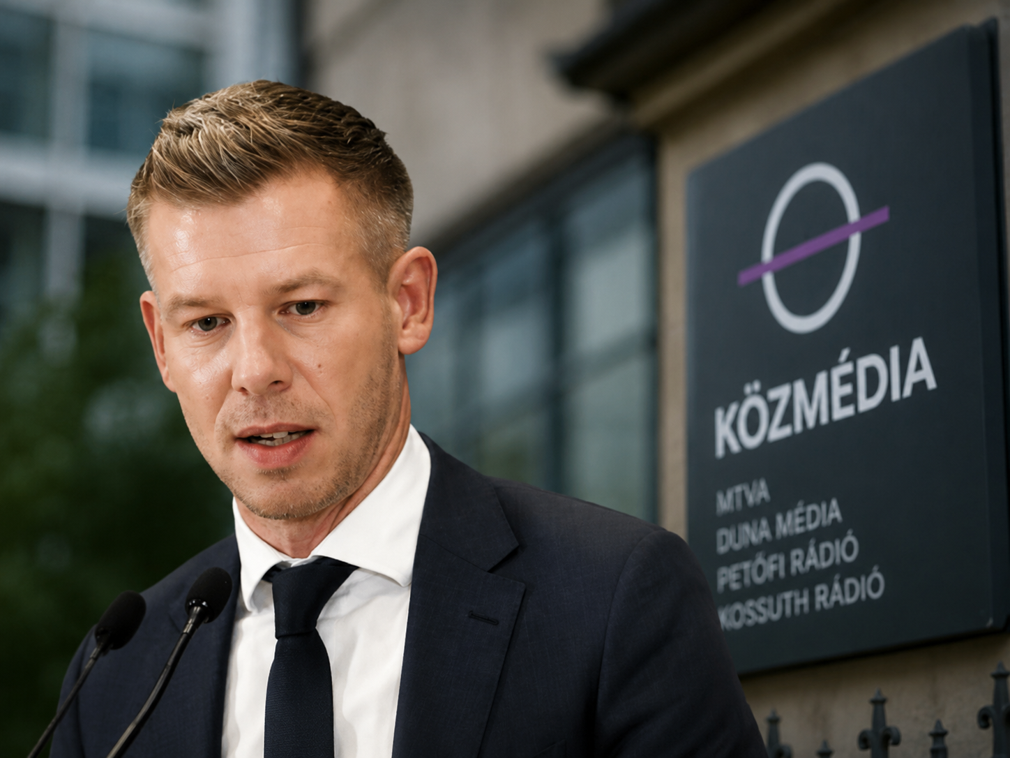 Magyar Péter közmédiás táblával a háttérben a közmédia átalakításáról szóló hír illusztrációjaként.