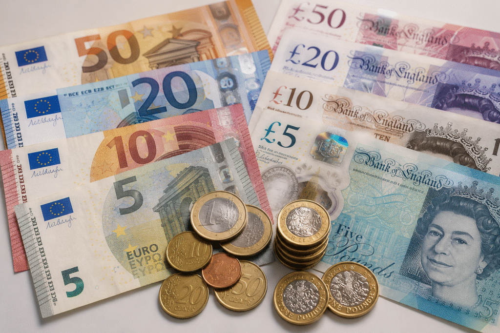 Forint- és euróbankjegyek a magyar fizetőeszköz gyengülését jelképező illusztráción.