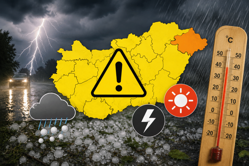 Sötét zivatarfelhők és villámlás Magyarország felett, az országos időjárási riasztás illusztrációjaként.