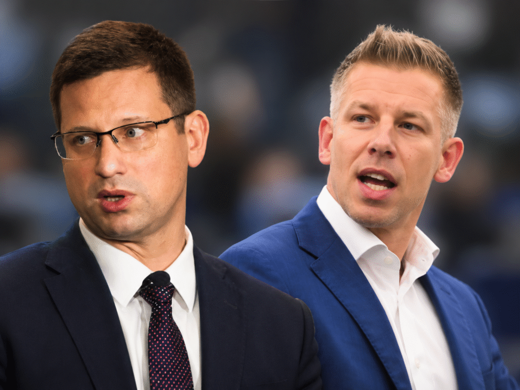 Magyar Péter és Gulyás Gergely egy politikai eseményen, a Harry Potter-mémről és a frakcióvezető lemondásáról szóló cikk illusztrációjaként.