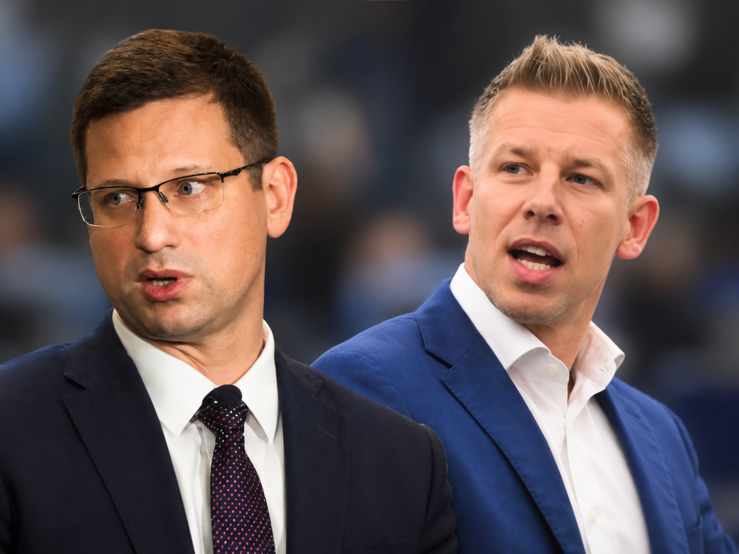 Magyar Péter és Gulyás Gergely egy politikai eseményen, a Harry Potter-mémről és a frakcióvezető lemondásáról szóló cikk illusztrációjaként.