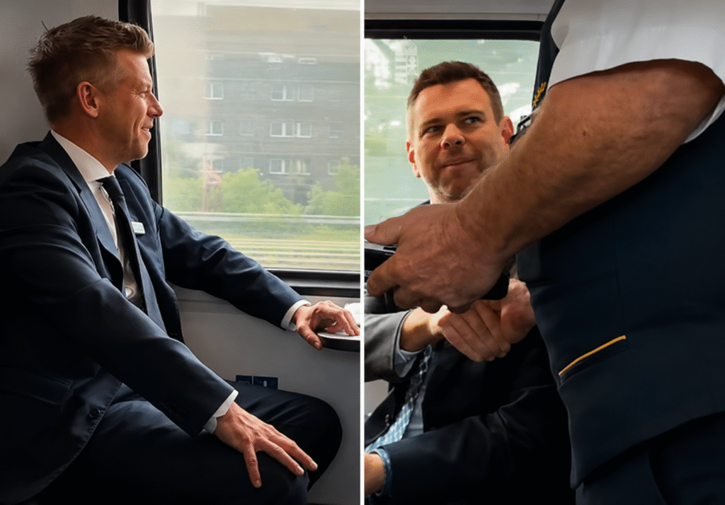 Magyar Péter és Vitézy Dávid vonaton utazik, miközben a jegyvizsgáló ellenőrzi a jegyeiket