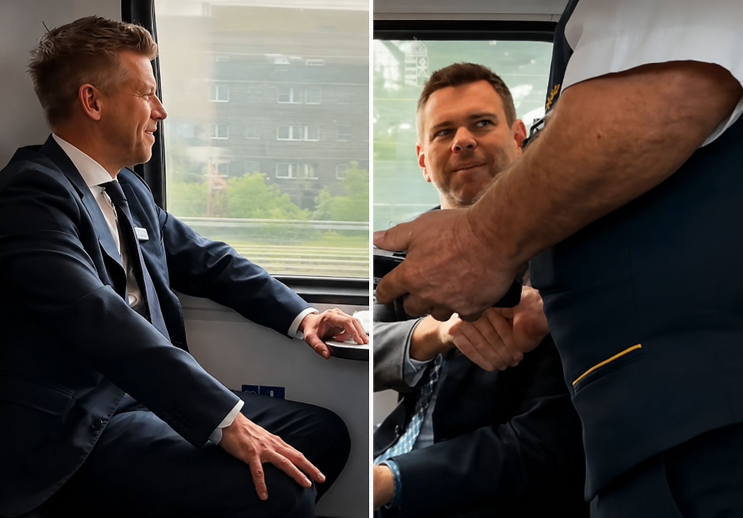 Magyar Péter és Vitézy Dávid vonaton utazik, miközben a jegyvizsgáló ellenőrzi a jegyeiket