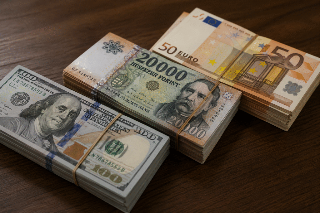 Forint- és dollárbankjegyek a devizapiaci árfolyamváltozás illusztrációjaként.
