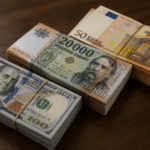 Forint- és dollárbankjegyek a devizapiaci árfolyamváltozás illusztrációjaként.
