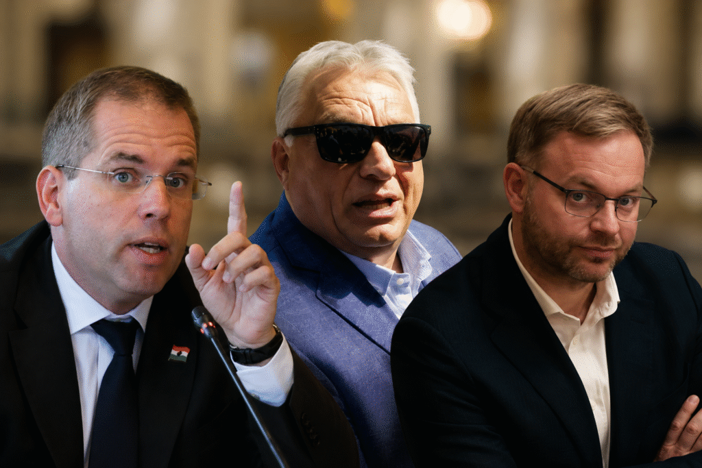 Orbán Balázs, Orbán Viktor és Ruff Bálint egy politikai eseményen, az MCC megszűnéséről szóló bejelentéssel összefüggésben.