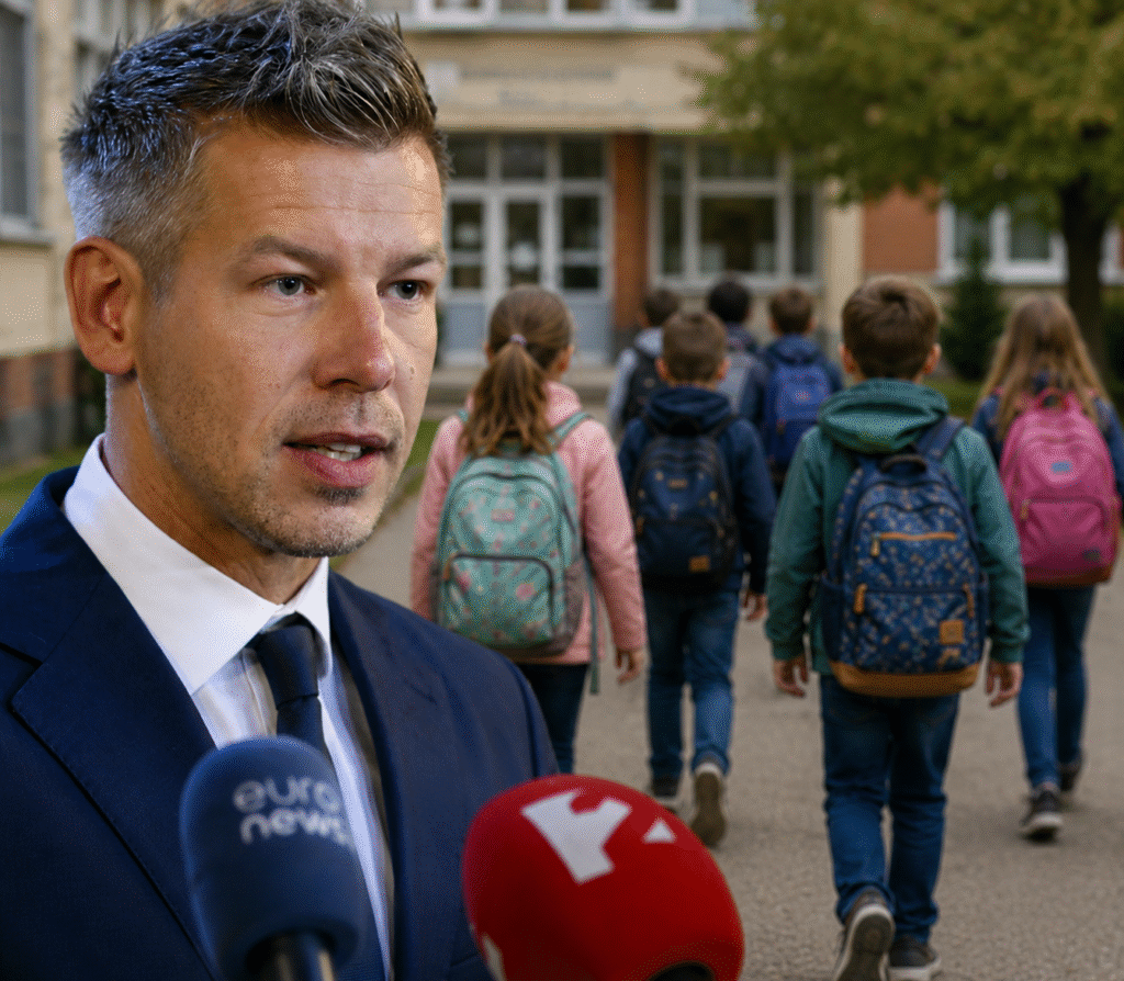 Magyar Péter és iskolás gyermekek a 100 ezer forintos iskolakezdési támogatás bejelentése kapcsán.
