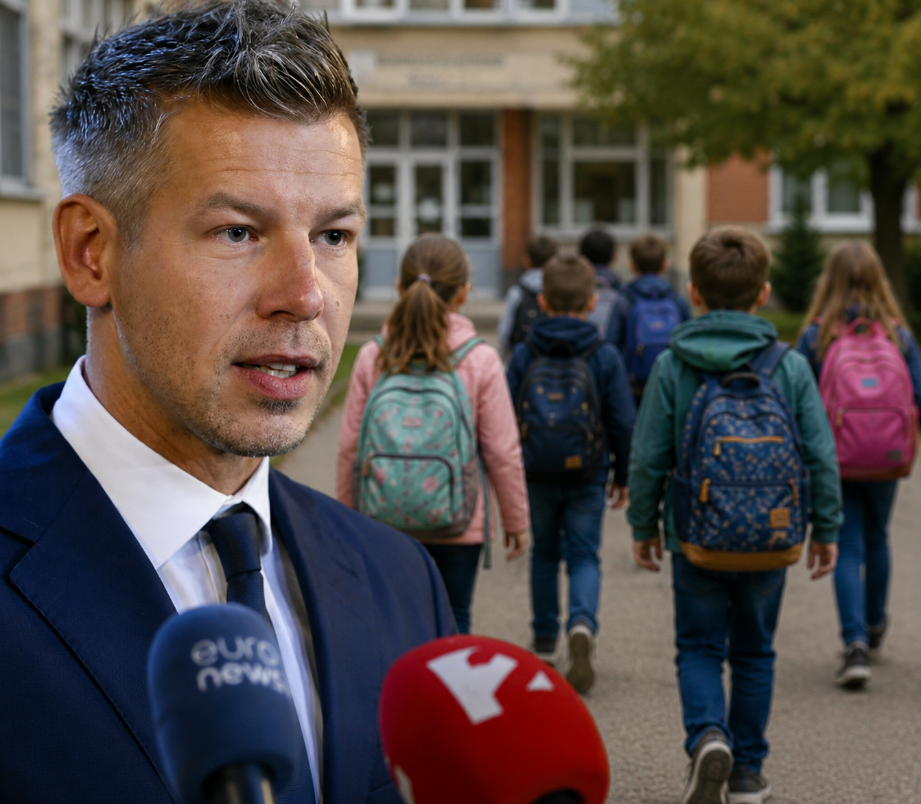 Magyar Péter és iskolás gyermekek a 100 ezer forintos iskolakezdési támogatás bejelentése kapcsán.