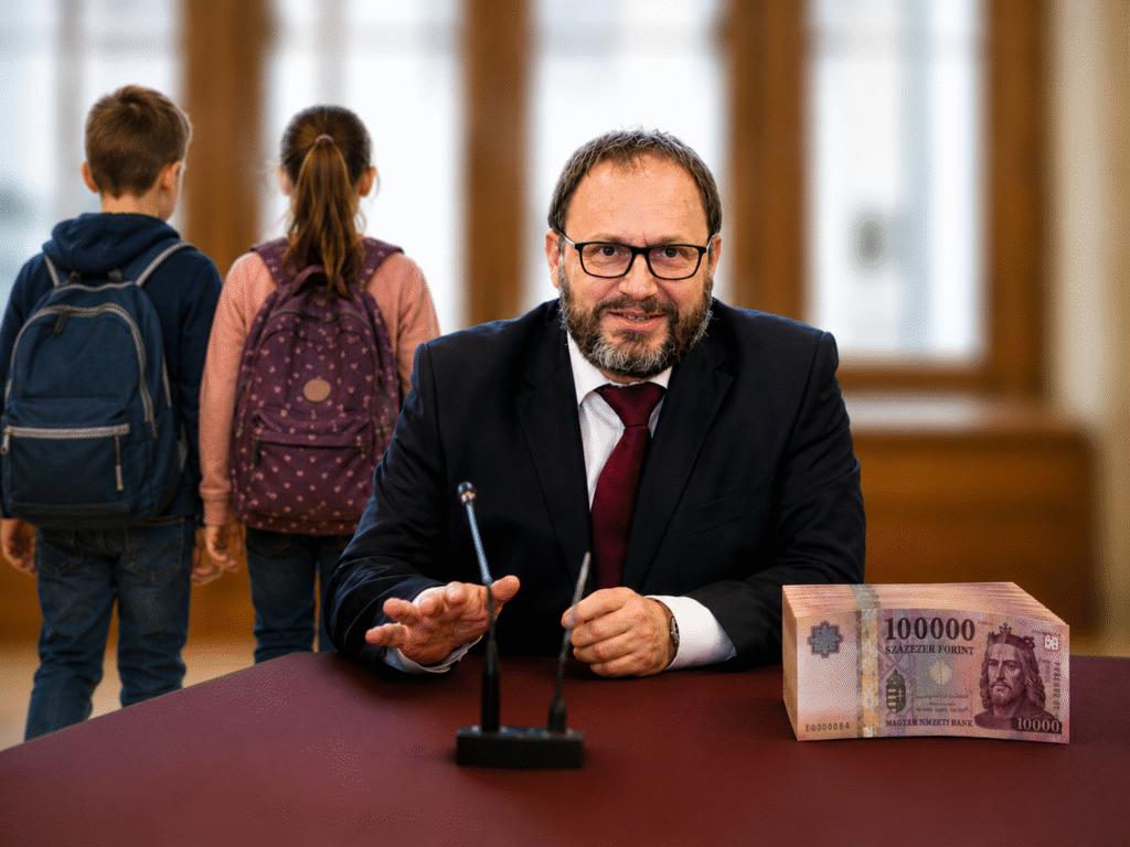 Kármán András skolás gyermekek között az iskolakezdési támogatás bejelentése kapcsán