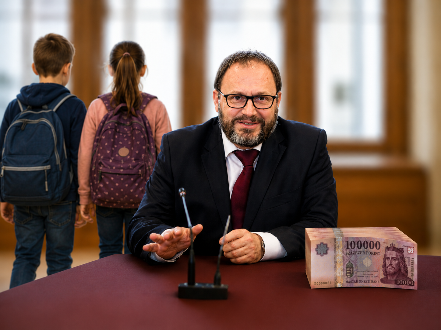 Kármán András skolás gyermekek között az iskolakezdési támogatás bejelentése kapcsán