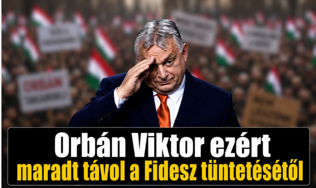 Orbán Viktor egy politikai rendezvényen, miközben a Fidesz tüntetéséről szóló hírek jelennek meg.